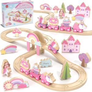 Lehoo Castle Wooden Train Set – Unicorn Train Set for Toddlers 2-4, Wooden Train Track Toddler Girl Toys, Pink Train Fantasy Toys for 3 4 5 6 7 Year Old Girl