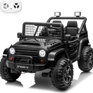 24V XL Ride on Car with Remote Control, 2 Seater 4WD/2WD Switchable Electric Car for Kids w/20 Inch Wide Seat, Gift Flower, 4X200W Power Car Wheels 24 Volt Big Trucks for Boys Girls, Black