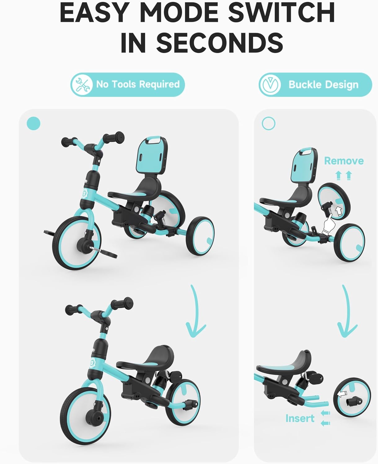 besrey 5-in-1 Toddler Tricycle with Push Handle, Grow with Me Kids Trike for 1-3 Years, Balance Bike & Tricycle, Adjustable Parent Steering, Safety Seat with Backrest - Image 3