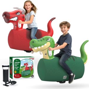 POVYRE Kids Boys Outdoor Toys, 2 PCS Giant Inflatable Dinosaur Bull Toys Bouncy Hopper with Pump, Ride-on Jumping Animal for Indoor Outdoor Play, 220 lbs Capacity, Gift for Ages 5+