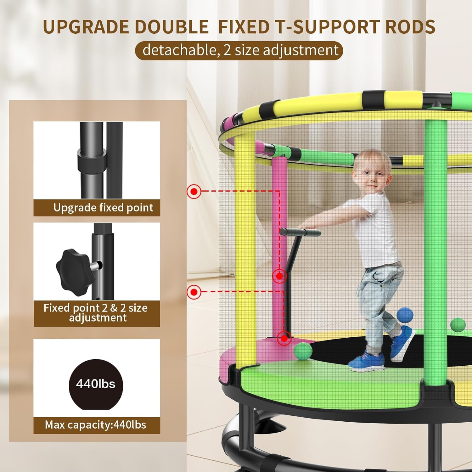 Trampoline for Kids, Full Anti-Rust 440lbs Anti-Rollover Round Bottom Toddler Trampoline, T-handrail Adjustable Baby Toddler Trampolines Dart Board - Image 2