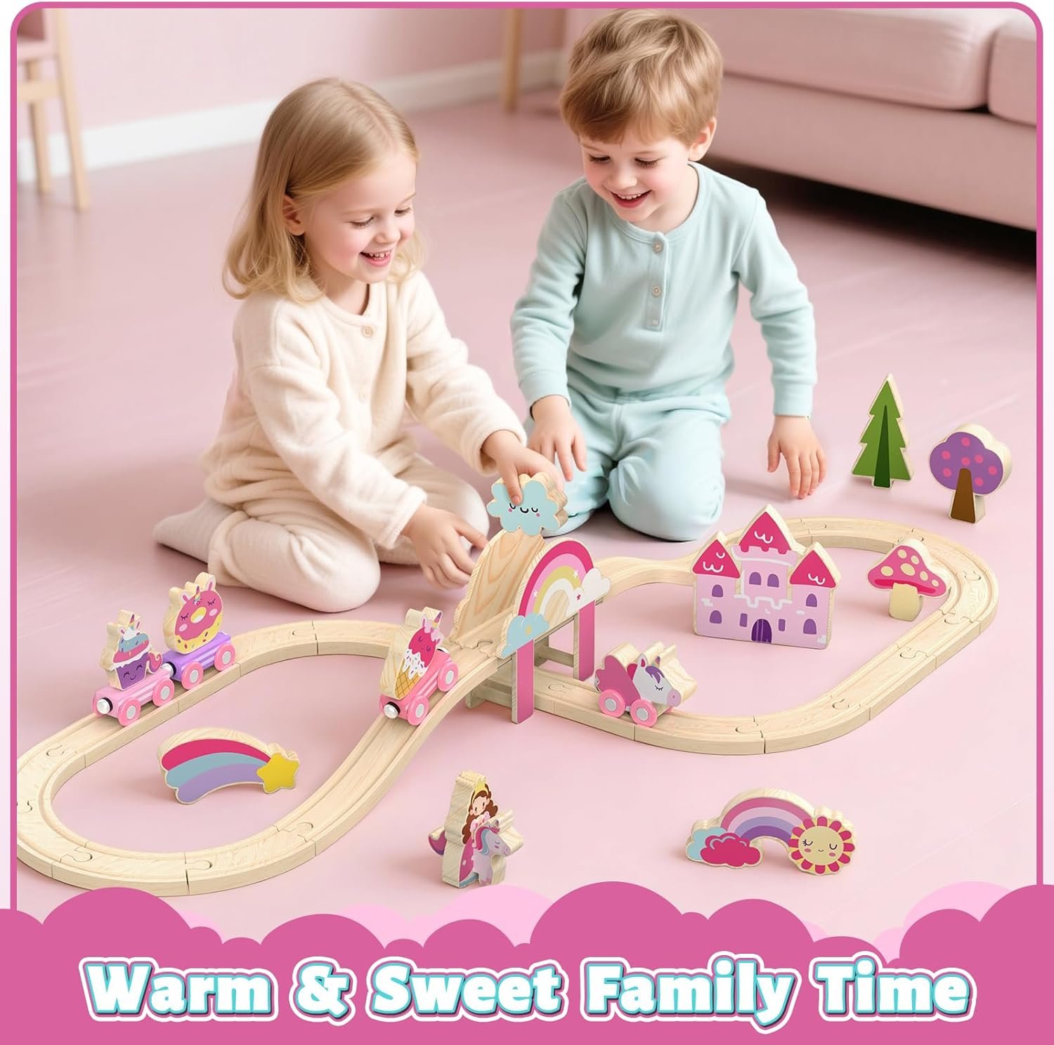 Lehoo Castle Wooden Train Set - Unicorn Train Set for Toddlers 2-4, Wooden Train Track Toddler Girl Toys, Pink Train Fantasy Toys for 3 4 5 6 7 Year Old Girl - Image 5
