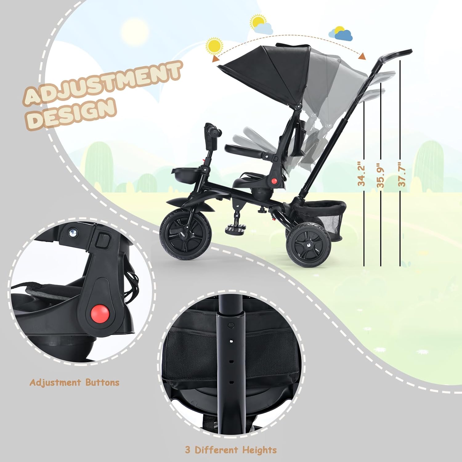 TODEFULL Folding Kids' Tricycle, 8 IN1 Baby Trike W/Removable Canpoy&Parental Push Rod, Toddler Bike Stroller for Kids 1-5 Years, 360° Swivel Seat, EVA Wheels,Storage Basket, Black - Image 6