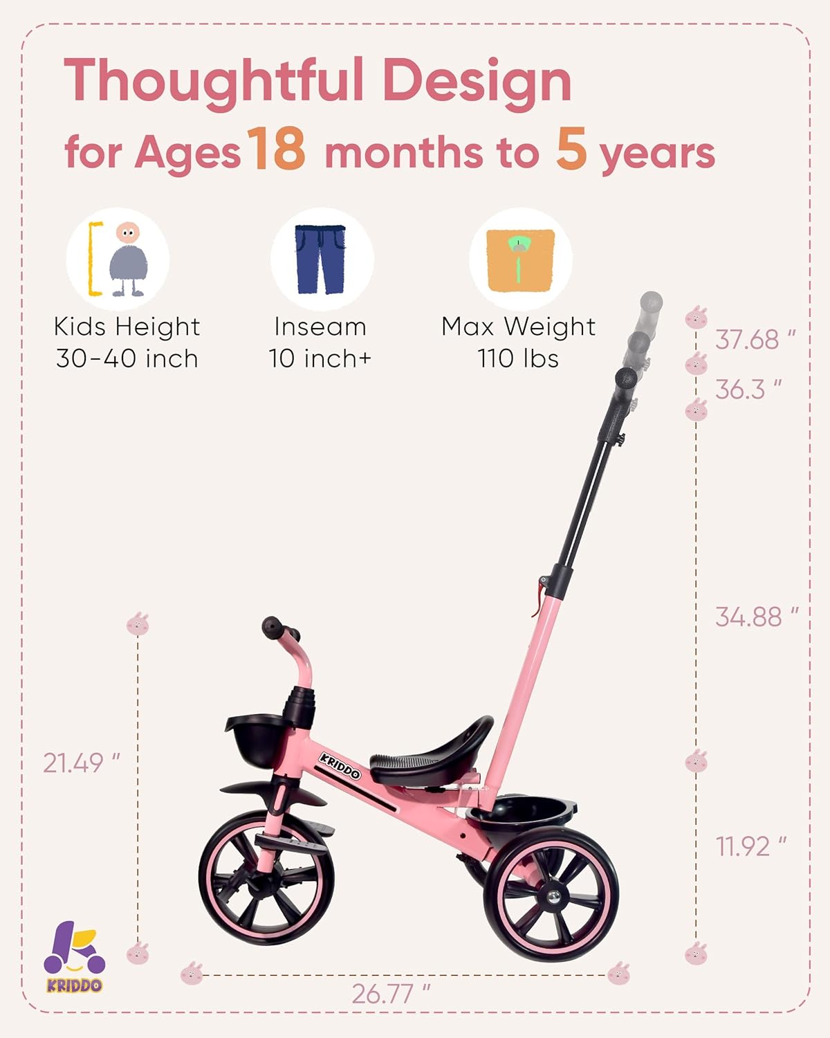 KRIDDO 2-in-1 Toddler Tricycle for Ages 18 Months to 5 Years Old - Extended Push Handle for Effortless Push, Gift Trike for Toddler 3 to 5 Year, Kids Tricycle with Foldable Front Footrest, Pink - Image 6