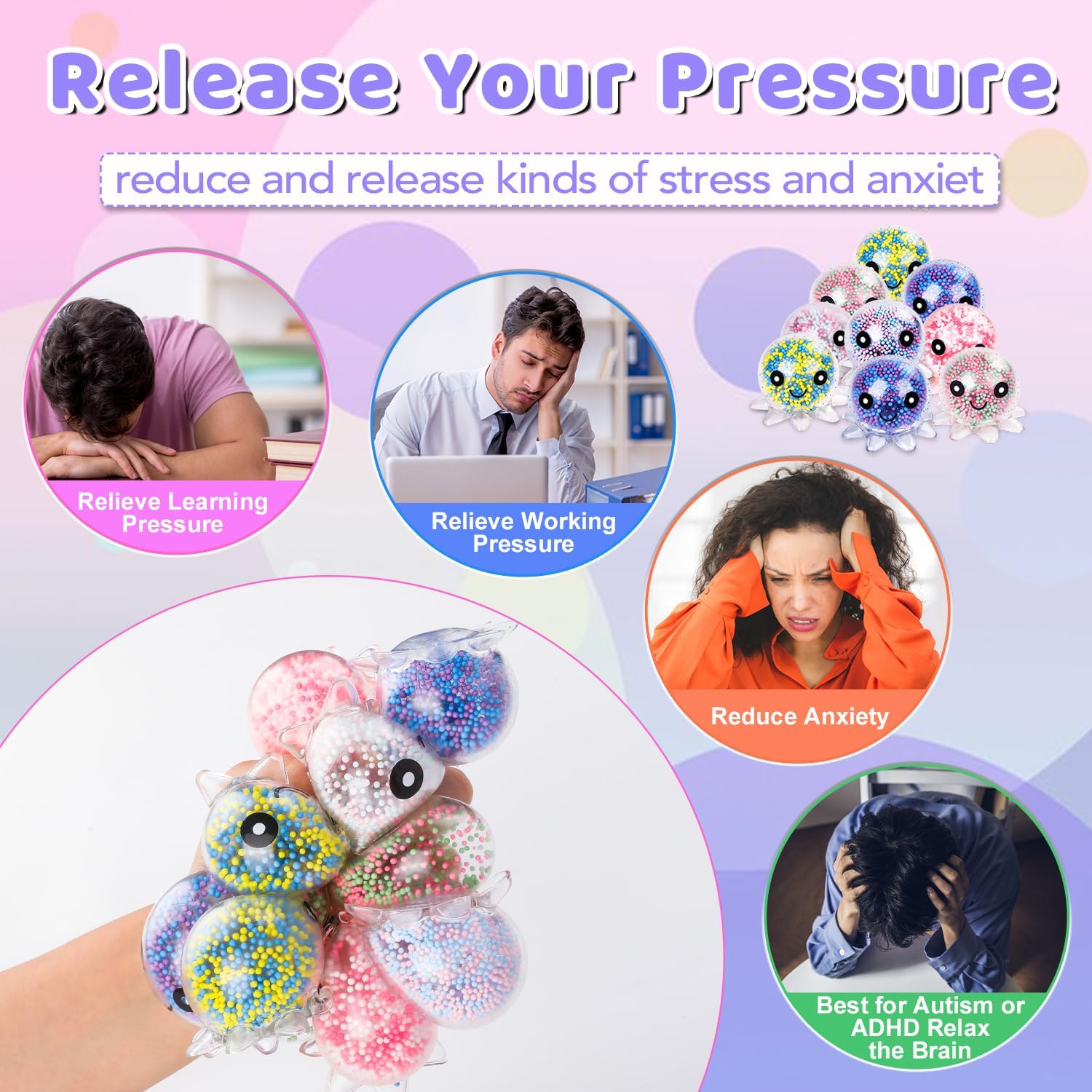 VESPRO 12 Pack Fidget Stress Balls for Adults, Cute Octopus Stress Relief Sensory Stress Ball, Bulk Squishy Squeeze Ball Toys Set for Classroom Prizes and Birthday Party Favors - Image 4