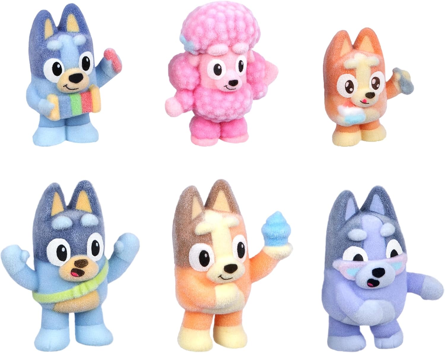 Bluey Fuzzies Deluxe Figure Pack. Eight Figures : 6 Specially Flocked Collectible Mini-Figures + 2 Surprise Figures (Blind Pack), Trading Card, and Collector's Guide. 80 to Collect in Series 1! - Image 5
