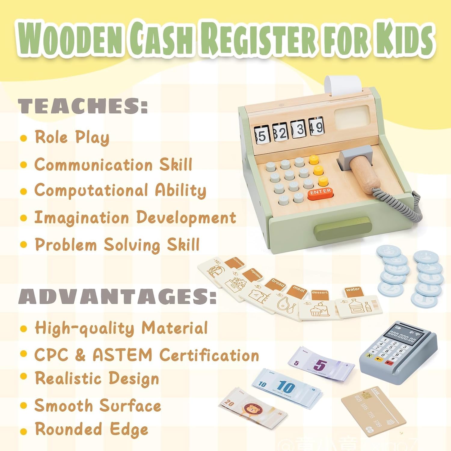 Wooden Toy Cash Register for Kids, Pretend Play Shop with Money Scanner and Credit Card, Montessori Toddler Grocery Cashier Role Play Educational Toy Preschool Learning Gift for Boys Girls Ages 3+ - Image 2
