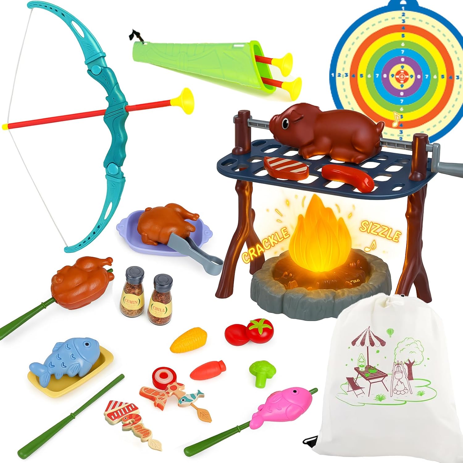 Kids Camping Toys: Pretend Campfire/BBQ Grill Toys & Bow and Arrow Game Set - Perfect Kids Camping Set for Outdoor Play, Christmas, Holiday N Birthday Gifts