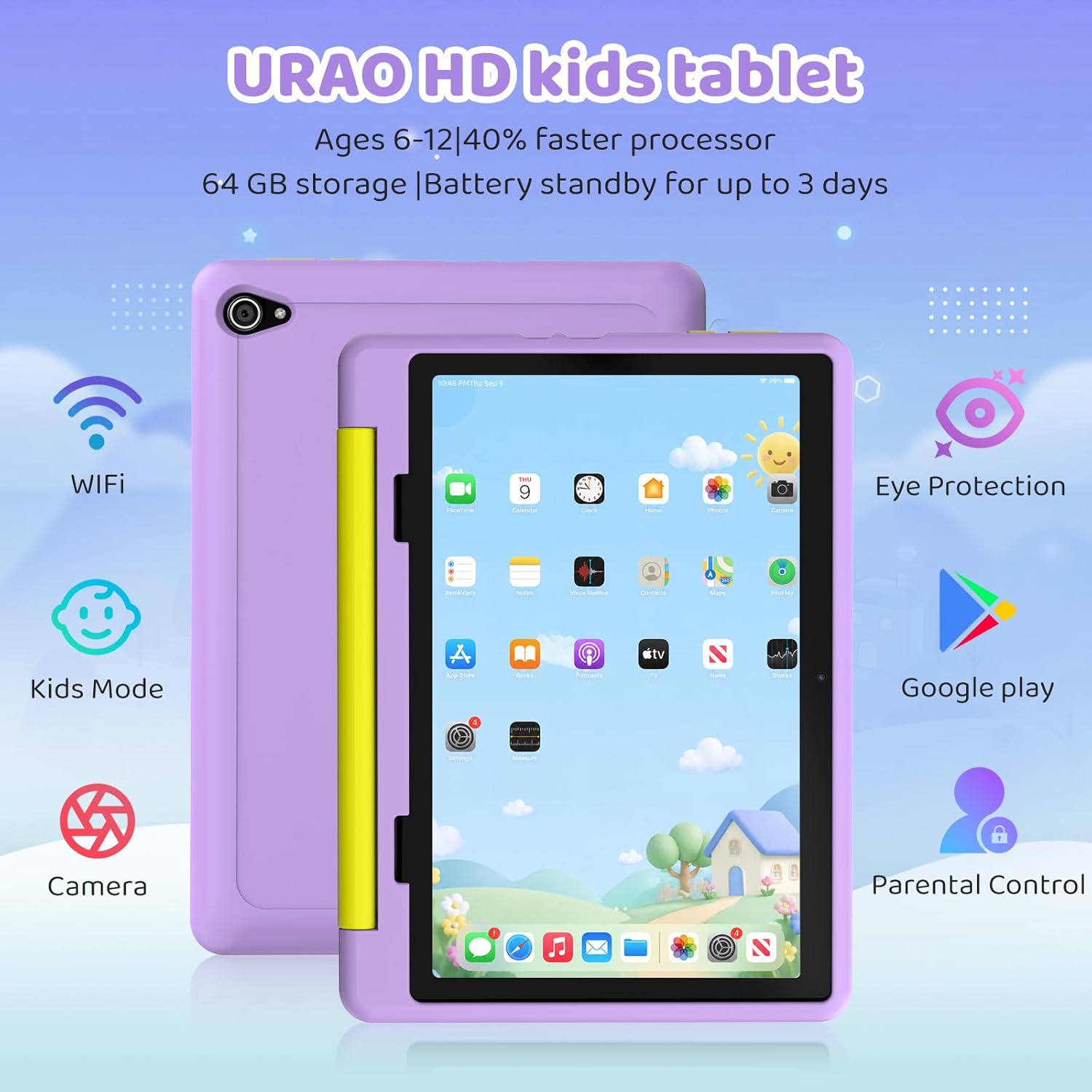 Urao Kids Tablet, Android 16 Tablet for Kids 10 inch with Case, 20GB RAM 64GB ROM 1TB TF Card Expandable for Toddler Children, Parental Control, Dual Camera, WiFi,Gift - Image 2