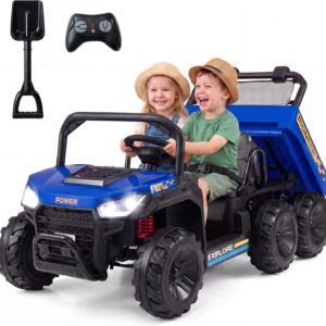 Costzon 2-Seater Ride on Dump Truck, 4WD 24V Kids Car Electric Vehicle with Remote Control, Electric Dump Bed, Shovel, Music, Story, Lights & Wireless Connection, Kids UTV for Boys Girls, Gift (Blue)