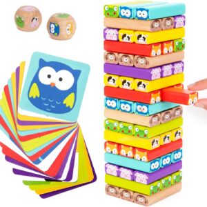 Nene Toys Wooden Tumble Tower Game with Animals & Colors, 4-in-1 Educational Family Board Game for Kids Ages 3-9, Creativity & Cognitive Skills Booster – Gift for Boys Girls 3+ Years