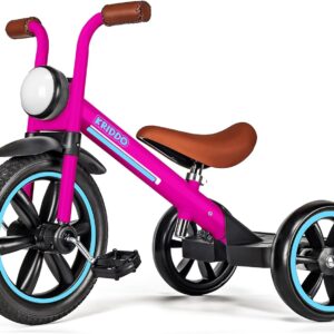 KRIDDO Kids Tricycle, 12 Inch Puncture Free Rubber Wheel w Front Light, Adjustable Seat Height, Gift for 2-5 Year Olds, Pink