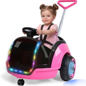 ANPABO 3-in-1 Electric Push Ride On Car, 12V Kids Ride On Toy w/Remote Control, 360° Spin, 5-Point Safety Belt, Colorful LED Light, Music Player, Push Car for Toddler Ages 1-3 (Pink)