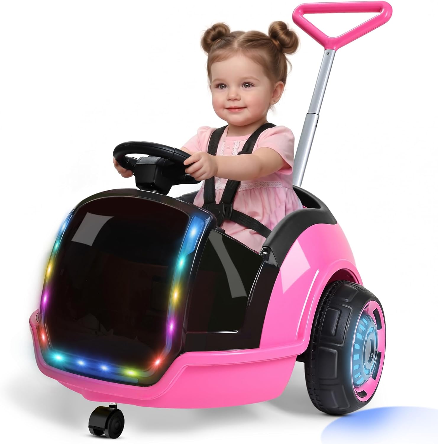 ANPABO 3-in-1 Electric Push Ride On Car, 12V Kids Ride On Toy w/Remote Control, 360° Spin, 5-Point Safety Belt, Colorful LED Light, Music Player, Push Car for Toddler Ages 1-3 (Pink)