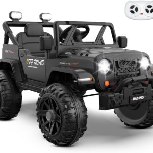 ARBELI 12V Ride On Truck Car with Remote Control, Kids Electric Vehicles with Bluetooth Music, Horn, 3 Speeds, 4 LED Lights, Soft Start, Ride on Toys for Toddler Boys & Girls (Black)