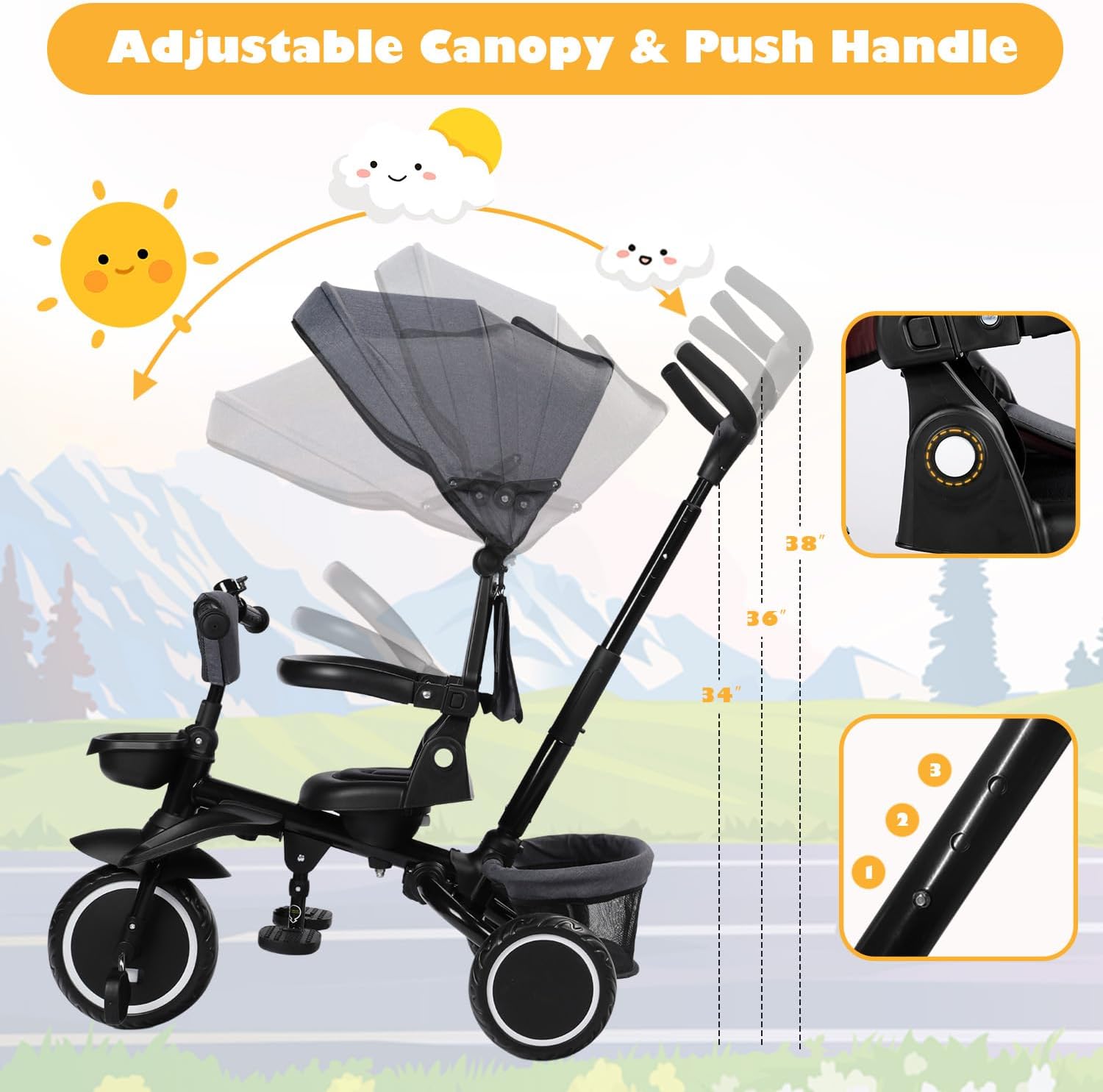 TODEFULL Folding Kids Tricycle, 8 in 1 Toddler Trike W/Removable & Adjustable Canopy, Parent Handle, 5-Piont Harness, Toddler Bike Tricycle for Kids 1-6 Years, EVA Wheels, Storage Basket, Grey - Image 8