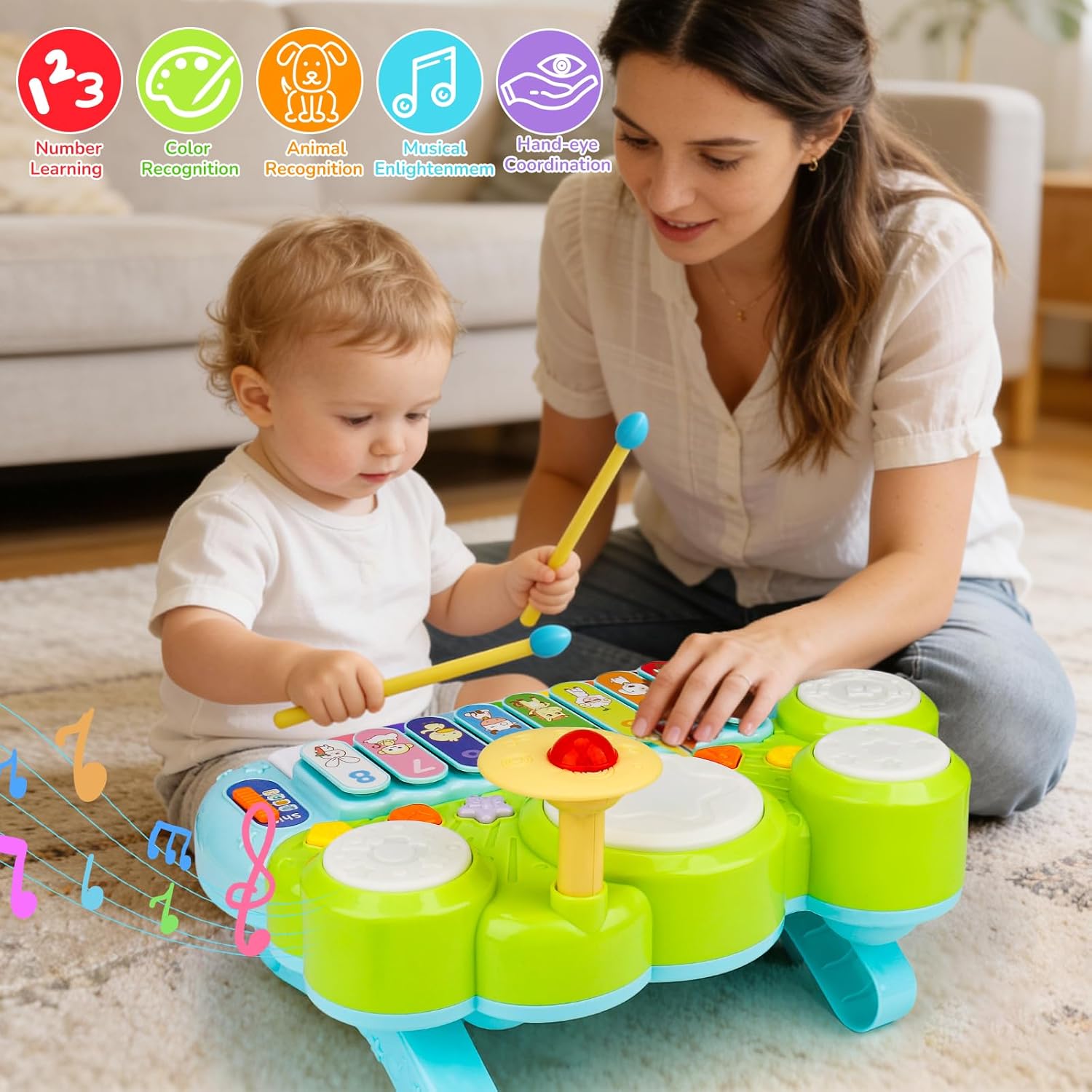 Baby Piano Drum Set for Toddlers, 3-in-1 Baby DJ Table Musical Toys Piano Keyboard Xylophone Instruments for 2 3 Years Old Boys Girls Music & Light Activity Table 18 Month Old Birthday Gifts - Image 8