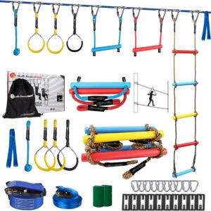 Ninja Warrior Obstacle Course for Kids – 2*56FT Slackline Kit with 8 Obstacles | Upgraded Quick-Install Buckles (No Threading Needed), 900lbs Max Load Backyard Training Gear