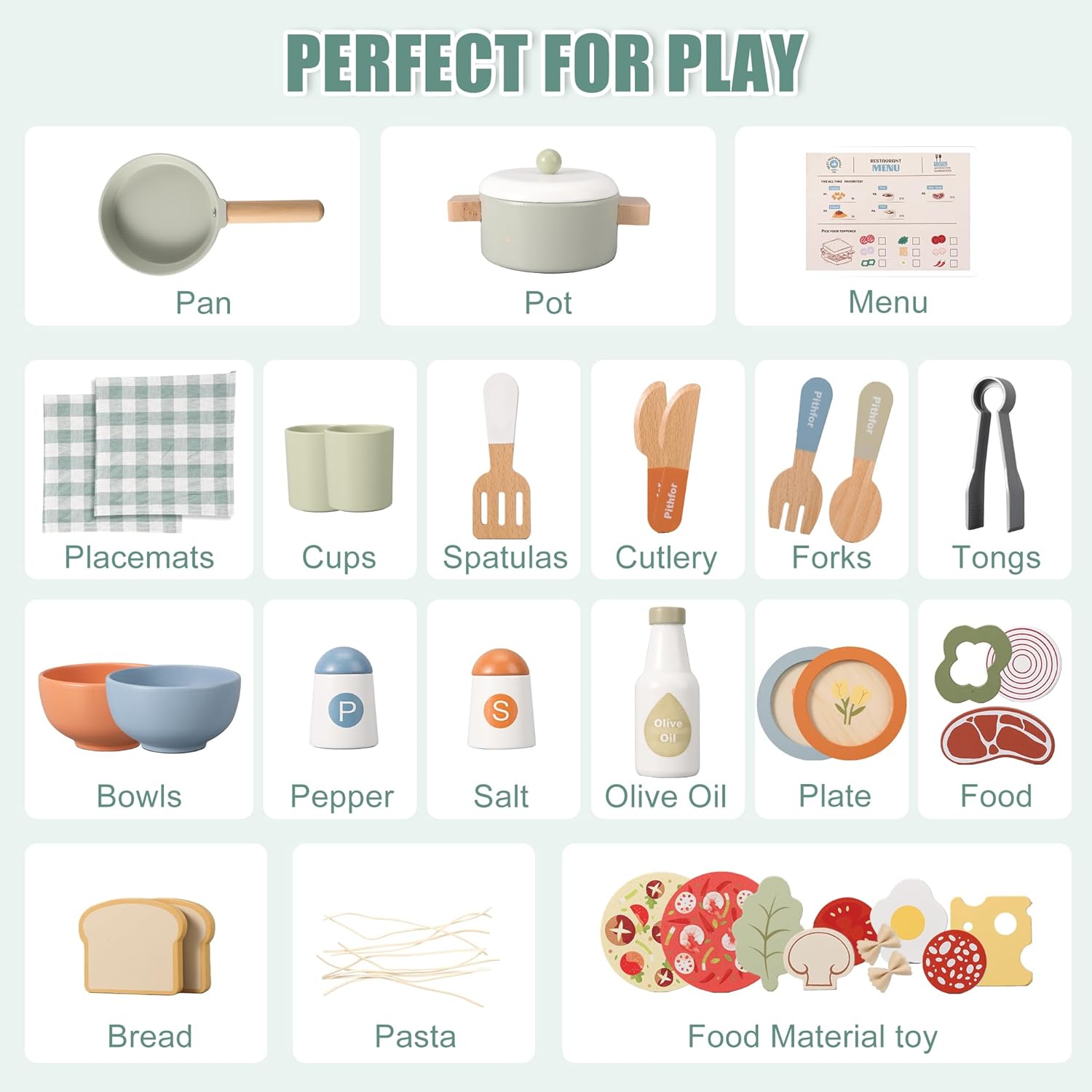 Pithfor Wooden Play Cooking Set, Pretend Play Kitchen Accessories Toys Set for Kids Toddlers, Including Play Dishes, Pot and Pan, Utensils, Gifts for 3 4 5 Years Old Girls Boys - Image 6
