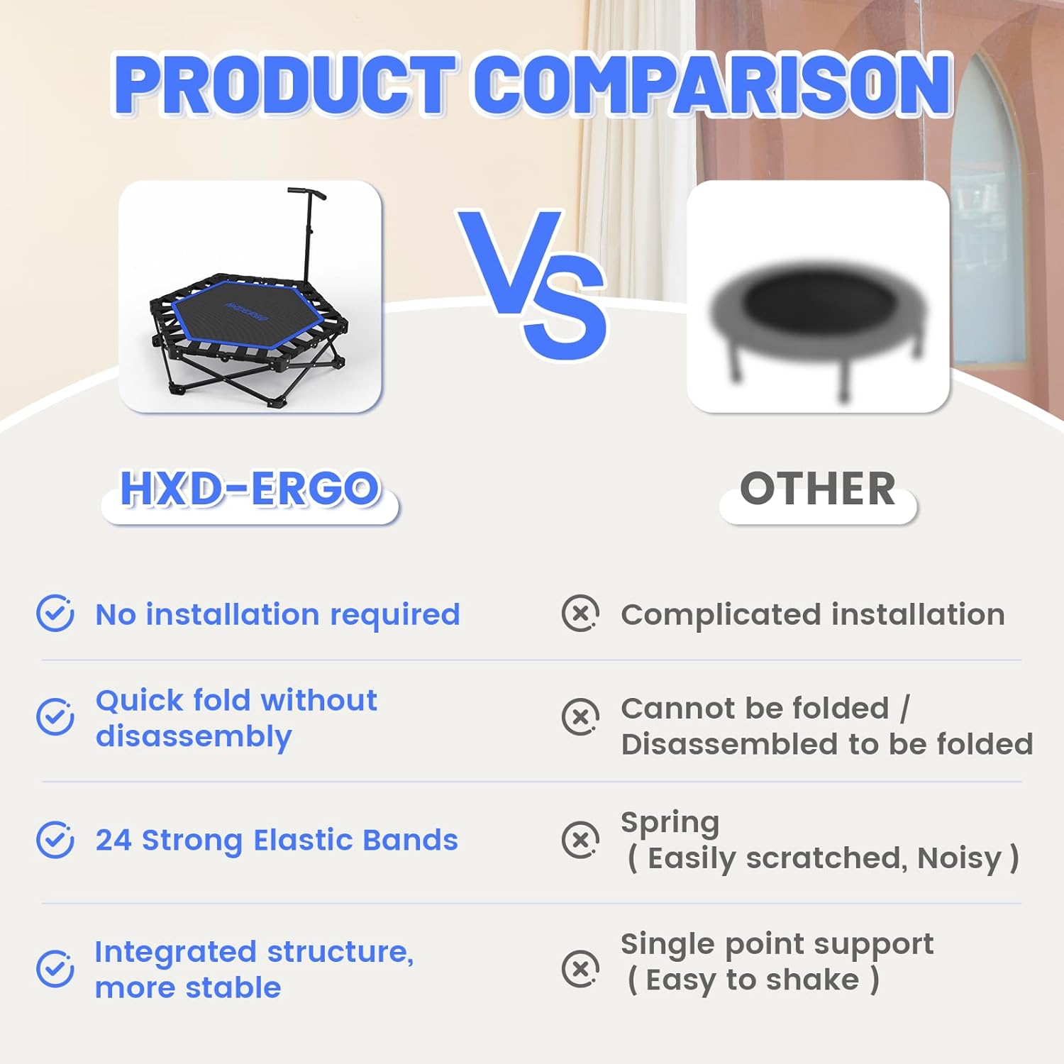 HXD-ERGO 42'' Foldable Mini Trampoline, Rebounder Trampoline with Adjustable Foam Handle, Fitness Trampoline for Indoor, Outdoor, Home Gym,Max Load 460lbs - Image 7