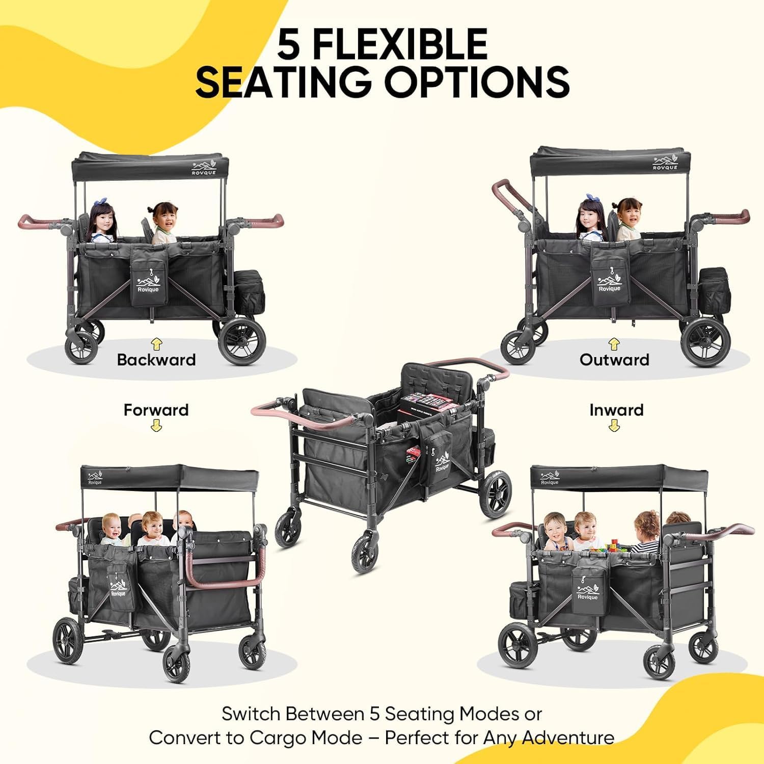 Rovique 4 Seater Wagon Stroller – Deluxe Quad Wagon for 4 Kids with Snack Trays,All-Terrain Wheels,Push Handle, Canopy,Aluminum Frame – Gift for Baby Showers,New Parents,Birthdays - Image 2