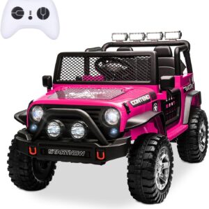 SEHOMY 2 Seater Electric Car for Kids, 12V Ride on Toys Power Wheels with Remote – 3 Speeds, Spring Suspension, 110LB Max, LED Lights, Music, Kids Electric Vehicles Toddler Truck for Boys Girls Pink
