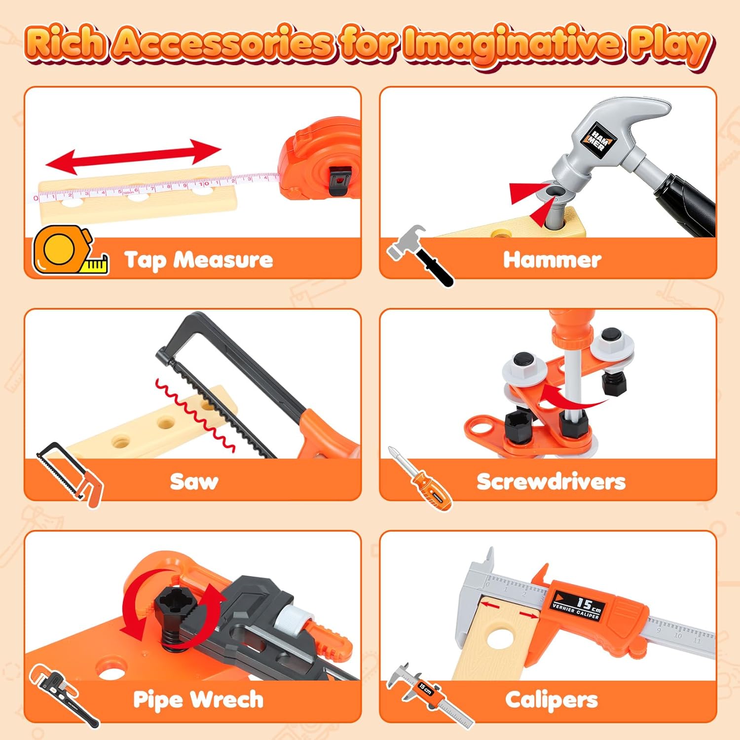 Kids Tool Set Toys, 56 Pcs Toddler Tool Set with Toy Chainsaw & Electronic Drill,Vest, Pretend Play Kids Construction Tools Toy for Toddler 3-5 Years Old Christmas Birthday Gifts - Image 6