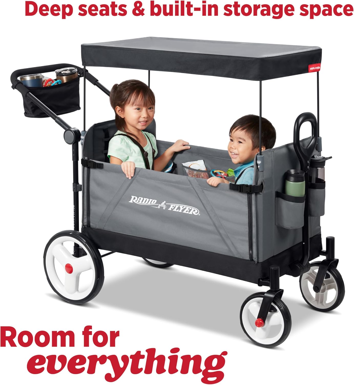 Radio Flyer City Luxe Stroll 'N Wagon, for Ages 1+, 3-in-1 Push or Pull, with Bench Mode, Easy Fold, UV Canopy, 5-Point Harnesses, Front Caster Wheels & 12" Rear Wheels, Stroller Wagon for Kids - Image 6