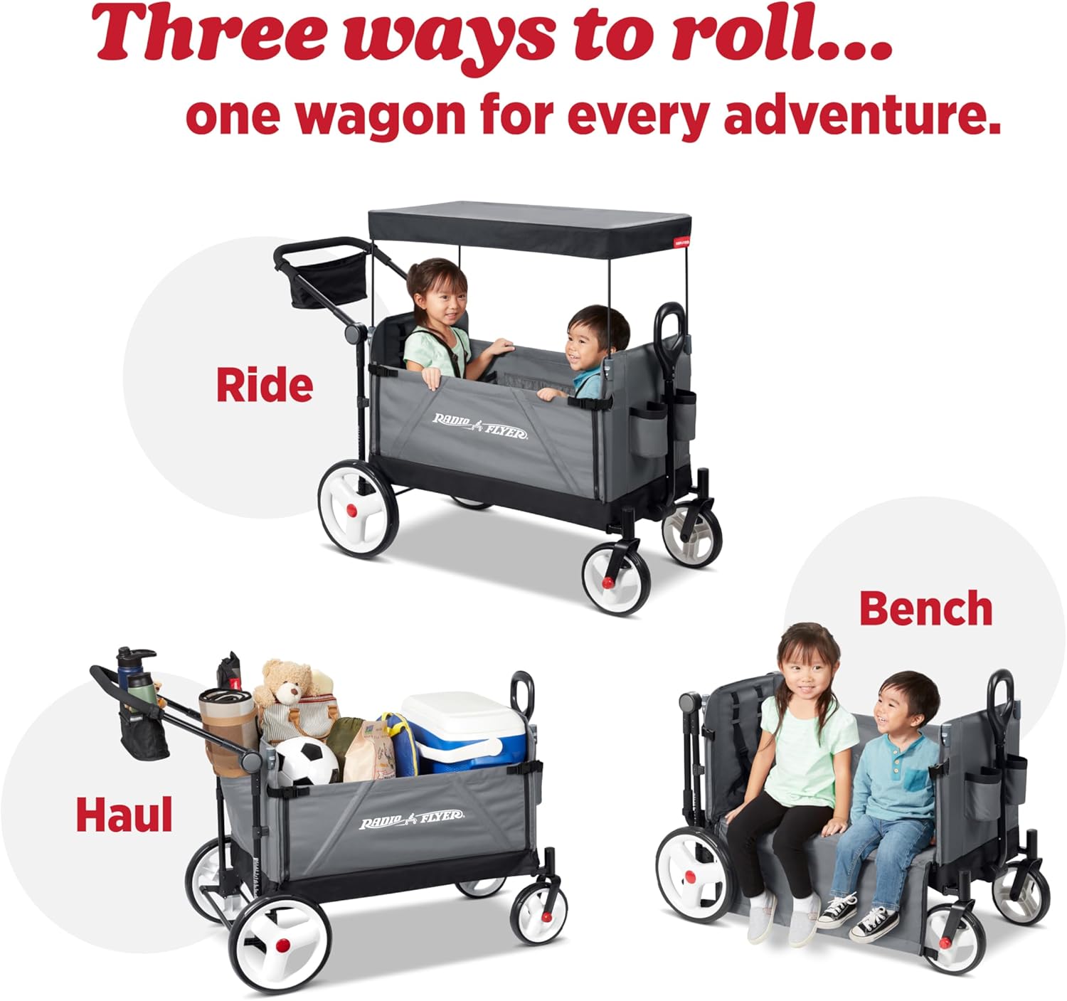 Radio Flyer City Luxe Stroll 'N Wagon, for Ages 1+, 3-in-1 Push or Pull, with Bench Mode, Easy Fold, UV Canopy, 5-Point Harnesses, Front Caster Wheels & 12" Rear Wheels, Stroller Wagon for Kids - Image 2