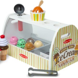 Melissa & Doug Wooden Scoop & Serve Ice Cream Counter, Pretend Play Store, 28 Toy Food & Play Kitchen Accessories, Preschool Toys for Girls & Boys 3+