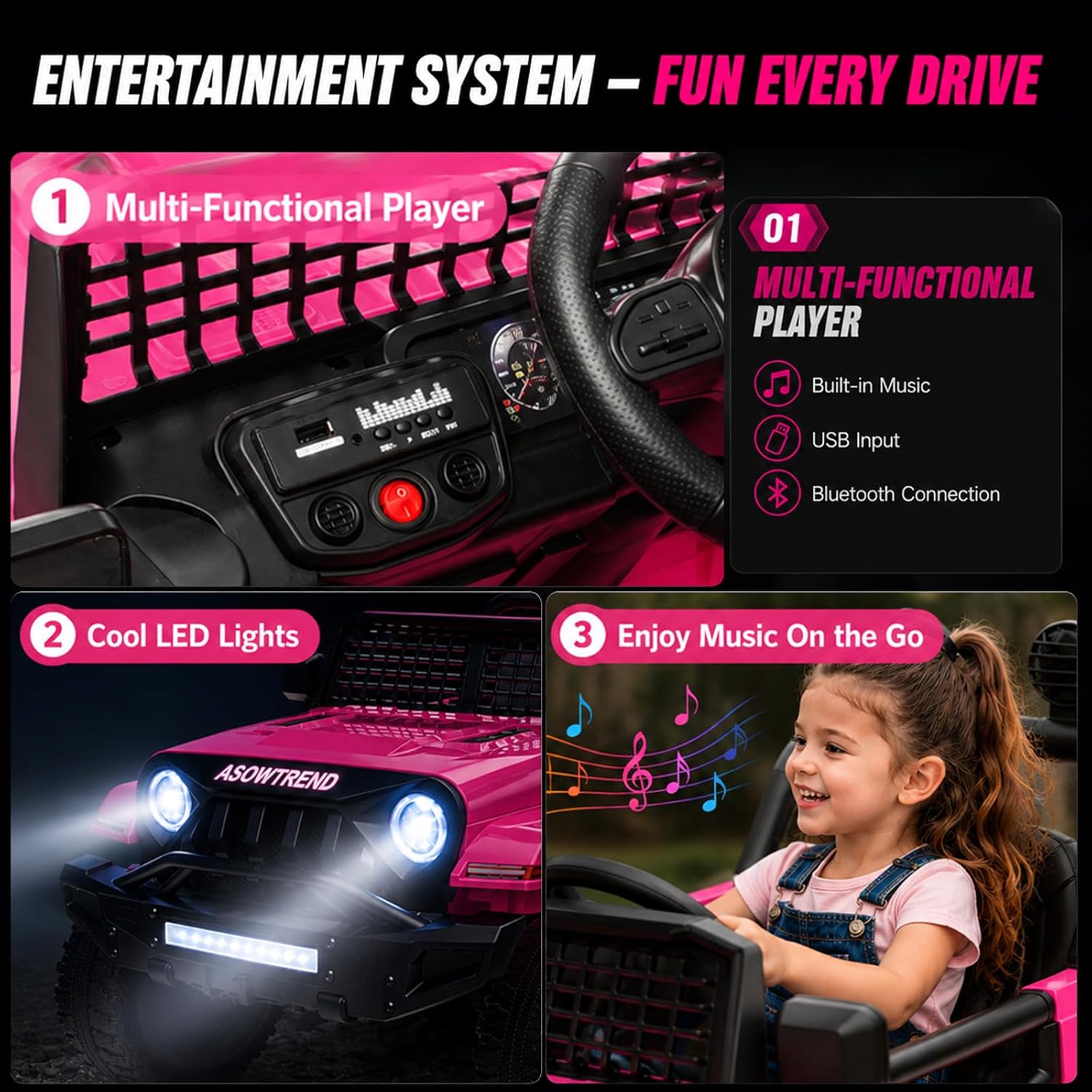 12V Jeep Style Pink Kids Ride On Car, Dual 35W Motor Electric Vehicle with Parent Remote Control, 2-Seater Suspension Toy Car, Bluetooth LED Light, Birthday Gift for 3-5 Year Girls - Image 4