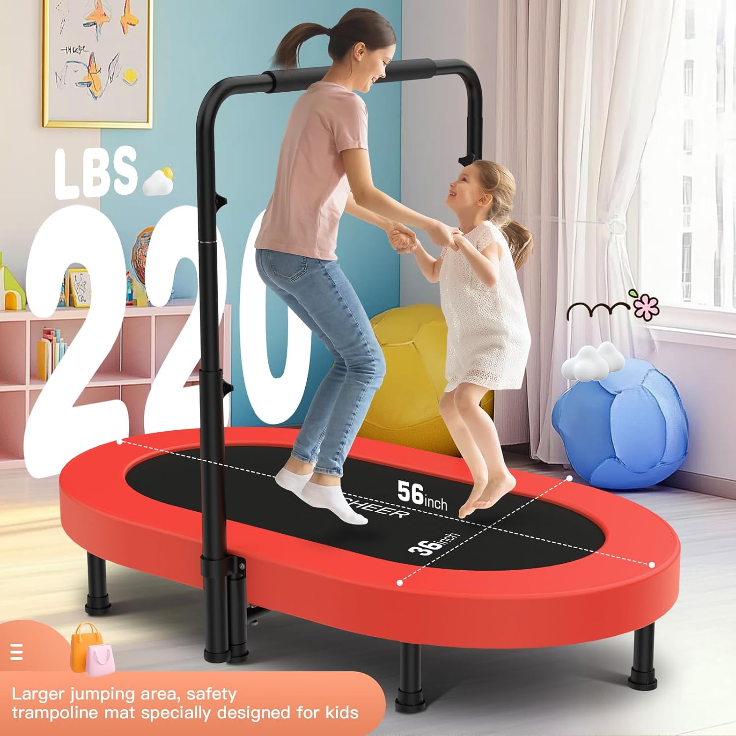 ANCHEER 56" Double Mini Trampoline for Kids, Mini Rebounder with 5-Level Adjustable Handle, Parent-Child Trampoline for Kids, Max Load 220lbs, Fun for Indoor/Outdoor - Image 3