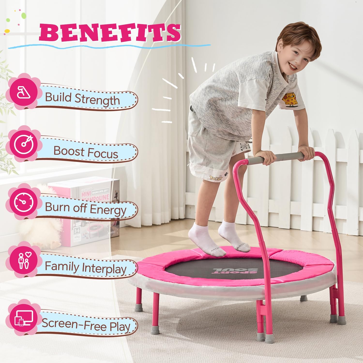 SPORTSOUL Mini Trampoline for Kids 3-6 with Super Safe Foam Handle Bar, 3ft Toddler Trampoline Indoor with No-Gap Cover for Indoor and Outdoor - Image 6