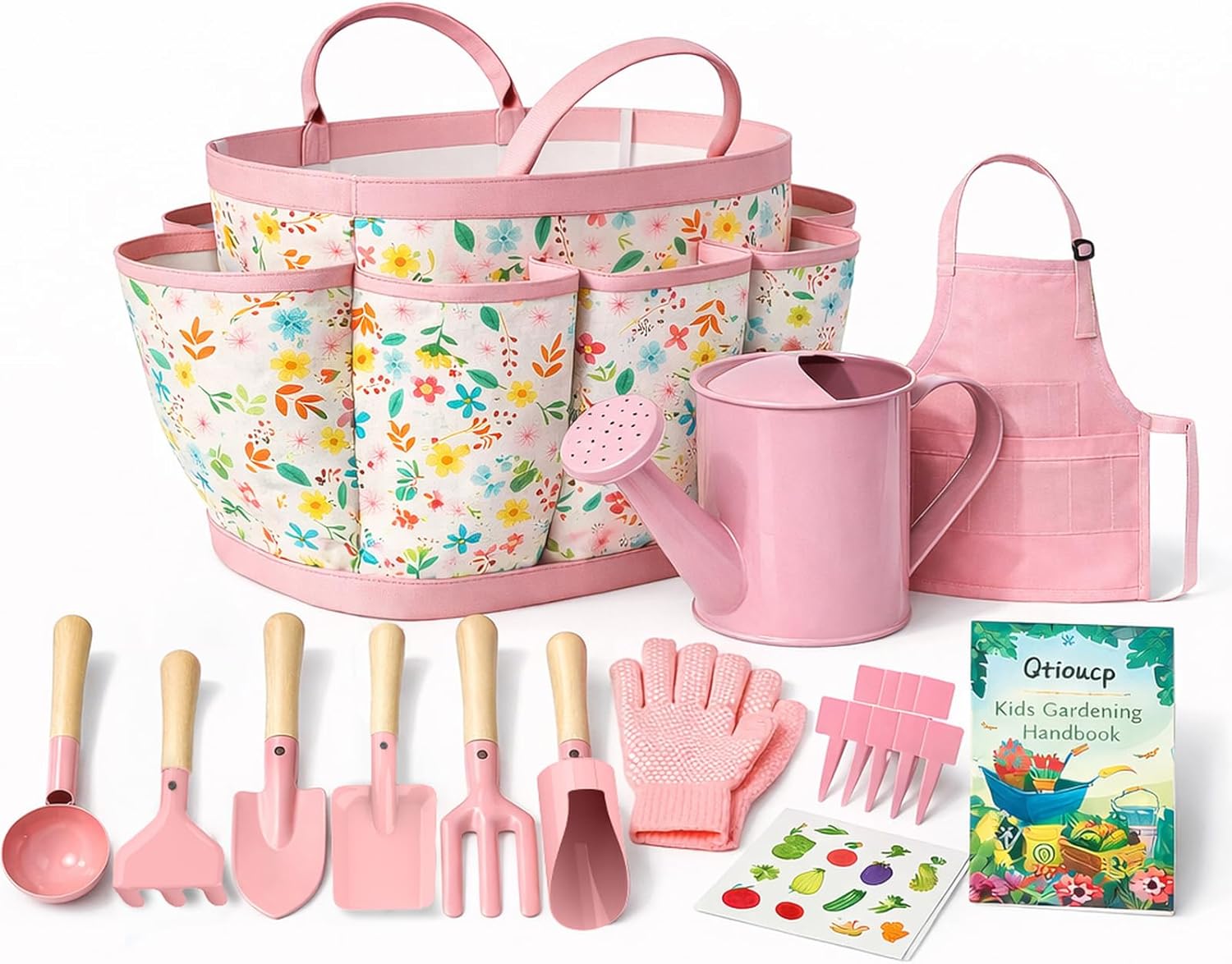 Qtioucp Kids Gardening Set 14Pcs Garden Tools with Tote Bag,Watering Can, Shovel, Apron, Garden Book and More Educational STEM Learning Outdoor for Toddlers Boys Girls (Floral)
