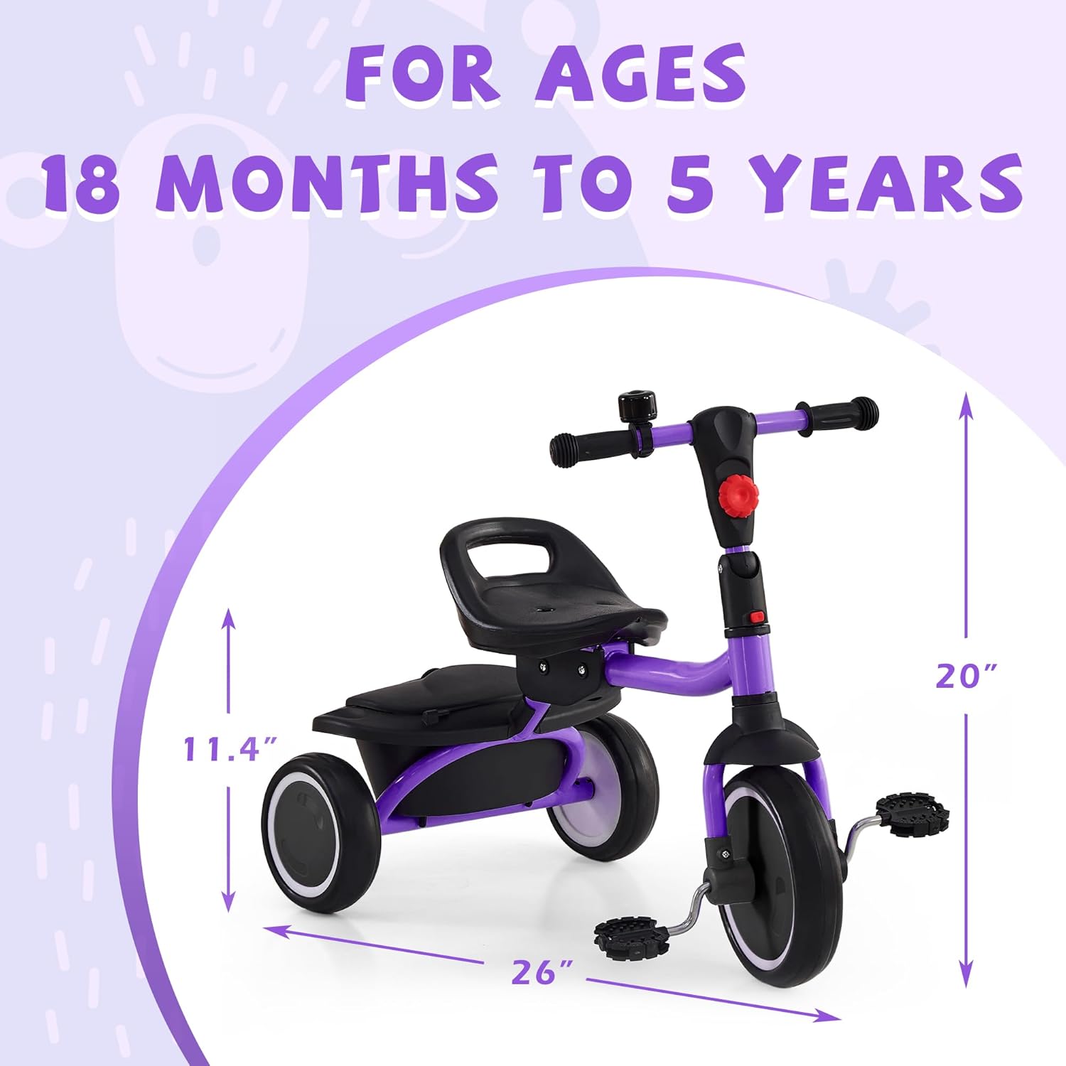 Toddler Tricycle, Kids Tricycle with Bell, Foldable Kids Trike for Age 18 Months to 5 Years, Baby Trike with Adjustable Seat, Gift for Boys and Girls, Purple - Image 2
