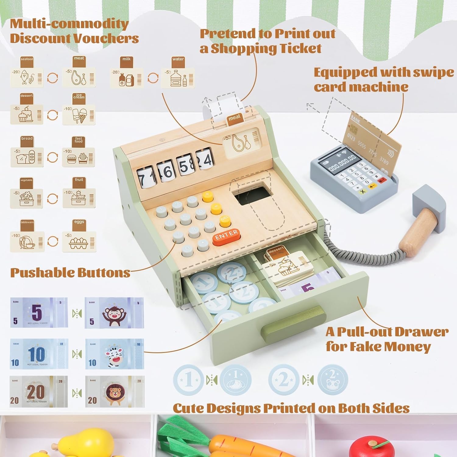 Wooden Toy Cash Register for Kids, Pretend Play Shop with Money Scanner and Credit Card, Montessori Toddler Grocery Cashier Role Play Educational Toy Preschool Learning Gift for Boys Girls Ages 3+ - Image 5