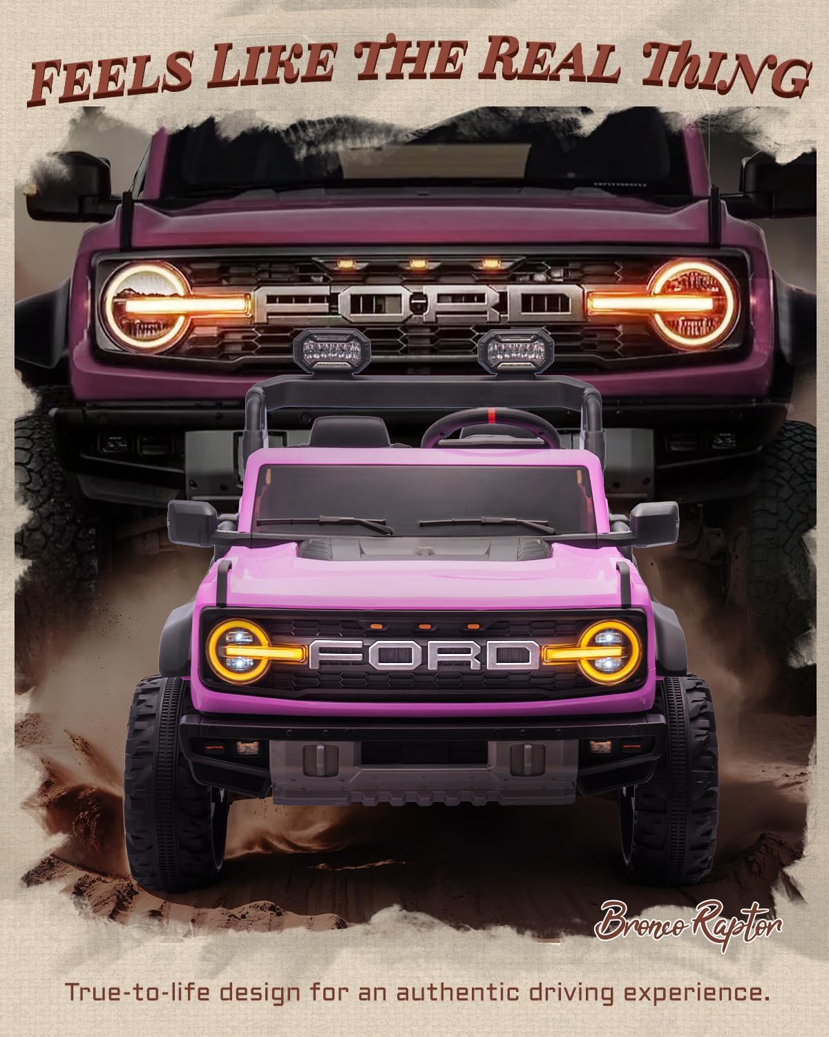 First Ride On 24V Ride on Toys for Big Kids, Licensed Ford Bronco Raptor 2 Seater Ride on Cars with Remote Control, Ride on Truck w/ 4-Wheeler Suspension, 3 Speeds, Led Lights, Bluetooth (24V, Pink) | First Ride On, 24V, for Big Kids, 2 Seater, with Remote Control - Image 3