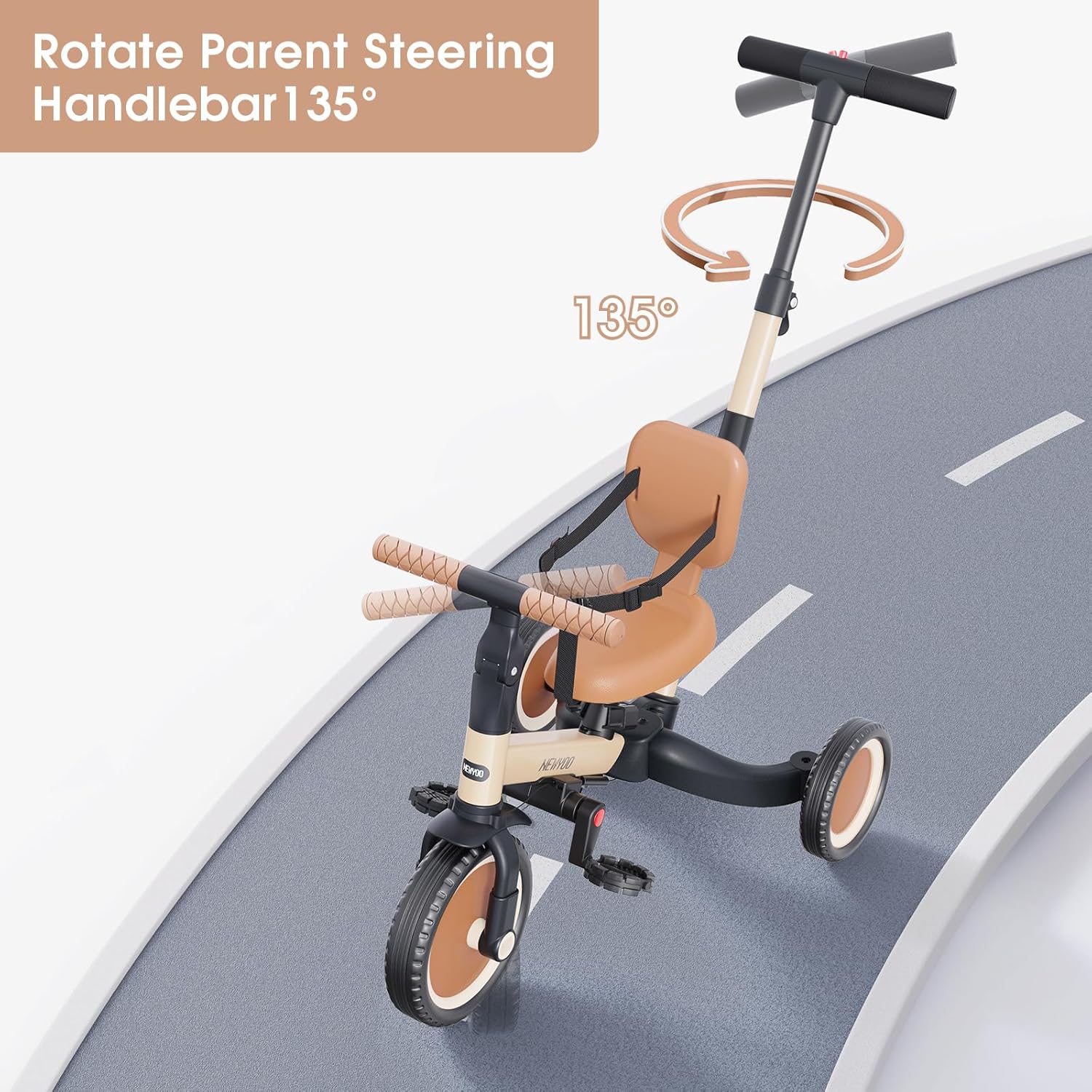 newyoo Toddler Tricycle with Push Handle for 1-3 Year Old, Toddler Bike, Birthday Gift and Toy for Boys and Girls, 5 in 1 Kids Trike, Balance Bike with Backrest and Safety Belt, Khaki, TR007 - Image 4