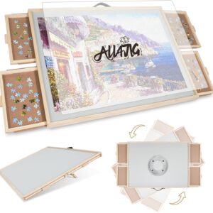 ALL4JIG 1500 Pieces 2-in-1 Tilting & Rotating Puzzle Board for Adults Gifts, 24.53″ x 33.19″Wooden Jigsaw Puzzle Table with 4 Drawers, Portable Board with Lazy Susan and Cover,