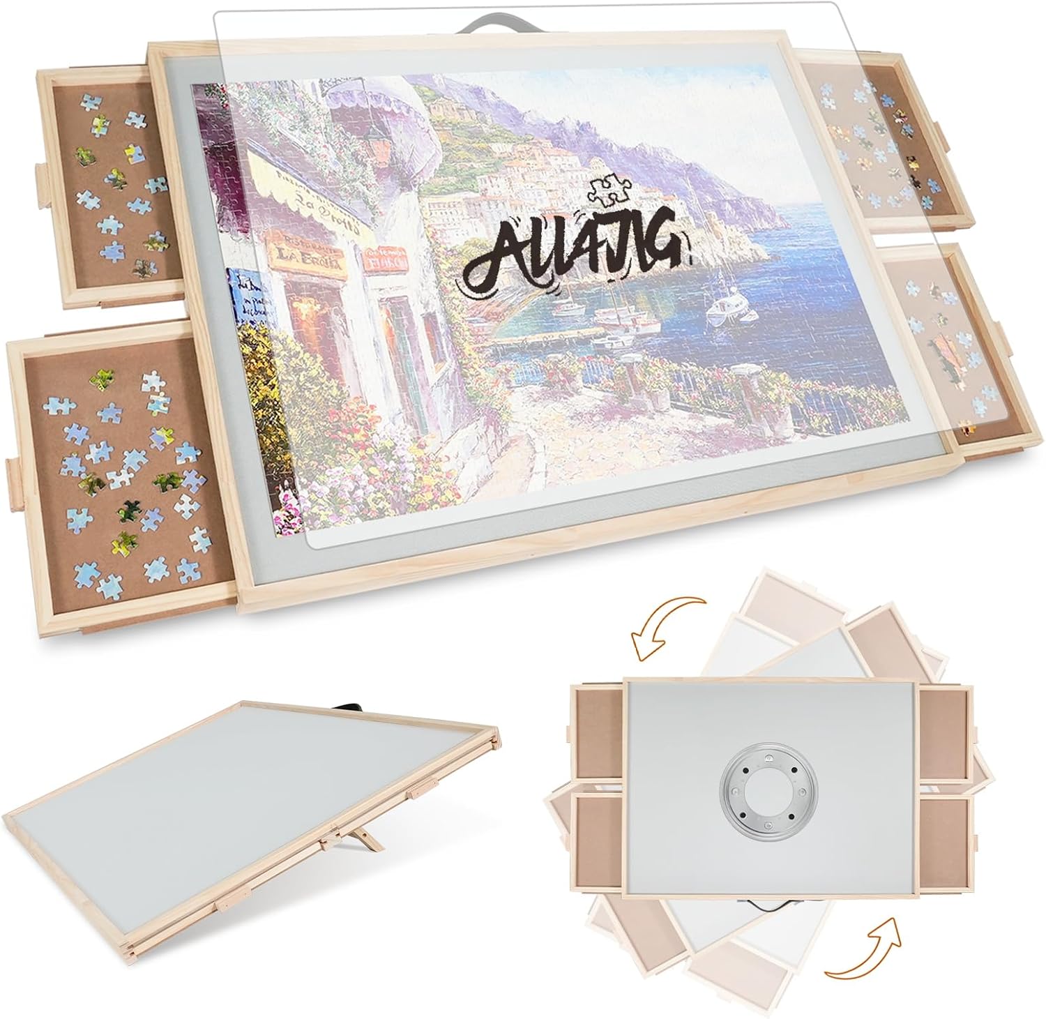 ALL4JIG 1500 Pieces 2-in-1 Tilting & Rotating Puzzle Board for Adults Gifts, 24.53" x 33.19"Wooden Jigsaw Puzzle Table with 4 Drawers, Portable Board with Lazy Susan and Cover,