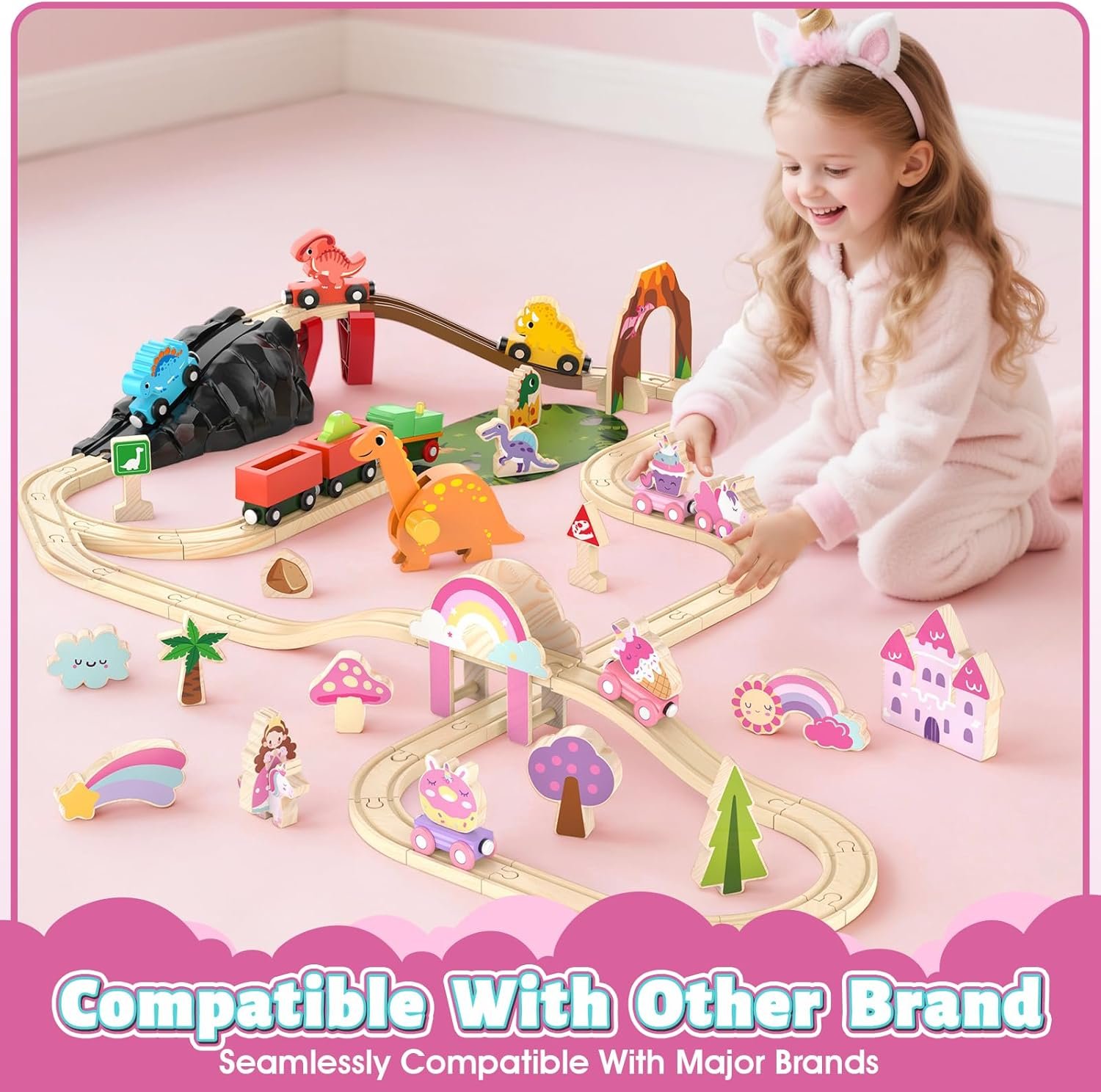 Lehoo Castle Wooden Train Set - Unicorn Train Set for Toddlers 2-4, Wooden Train Track Toddler Girl Toys, Pink Train Fantasy Toys for 3 4 5 6 7 Year Old Girl - Image 4