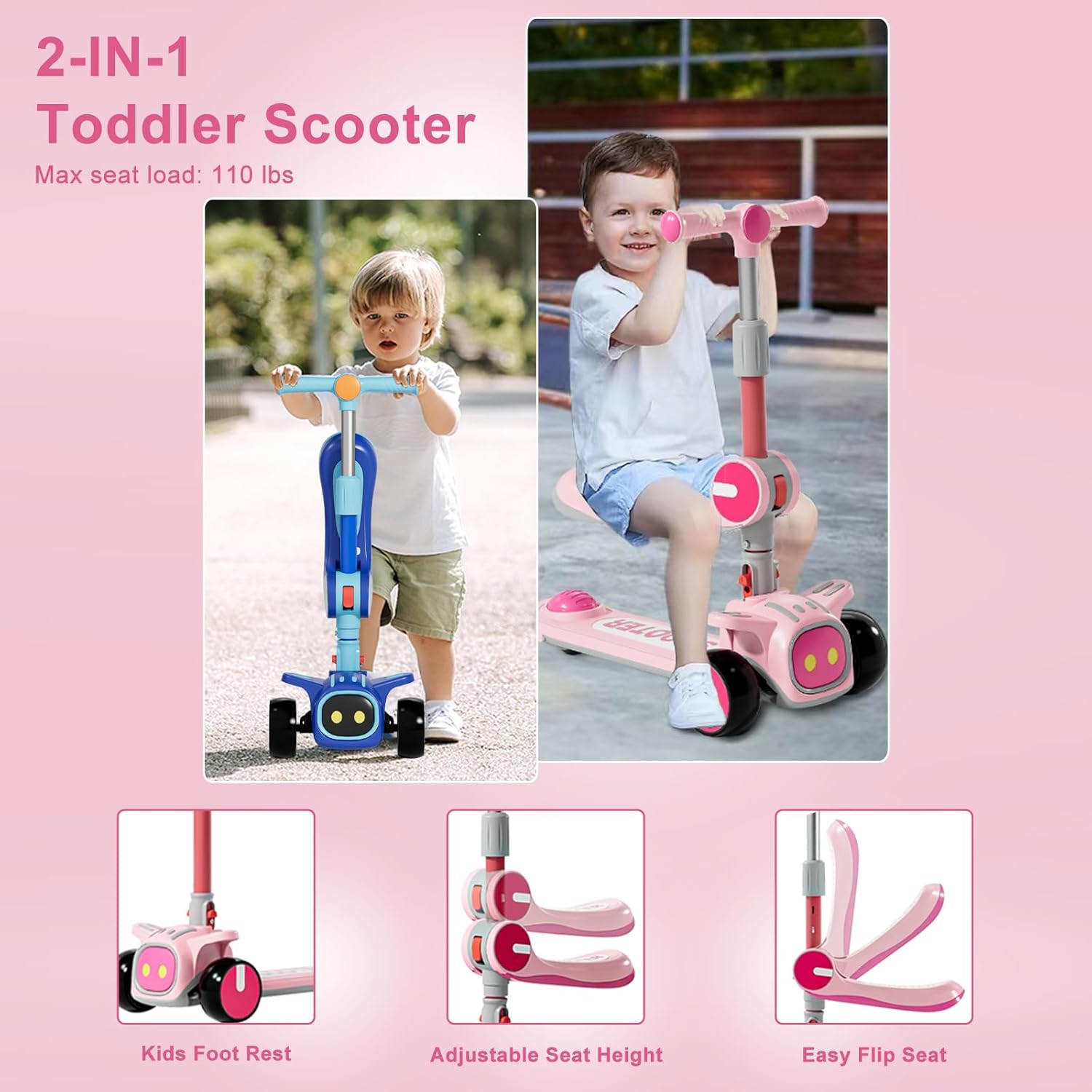 Unbreakable & Never Fall Down 2-in-1 Scooters Kids 3 Wheel Kick Scooter for Boys Girls Ages 3-8, Adjustable Height & Seat, Widened Non-Slip Deck, More Safer for Beginner Toddlers - Image 2