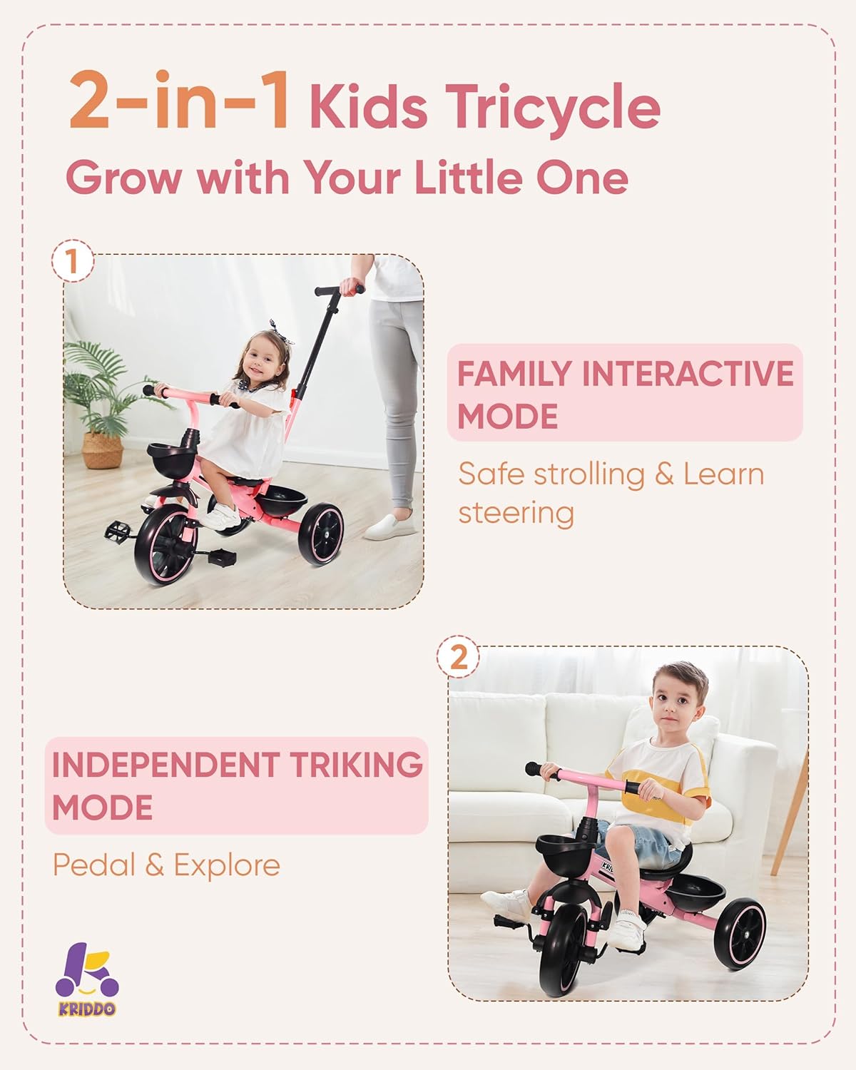 KRIDDO 2-in-1 Toddler Tricycle for Ages 18 Months to 5 Years Old - Extended Push Handle for Effortless Push, Gift Trike for Toddler 3 to 5 Year, Kids Tricycle with Foldable Front Footrest, Pink - Image 2