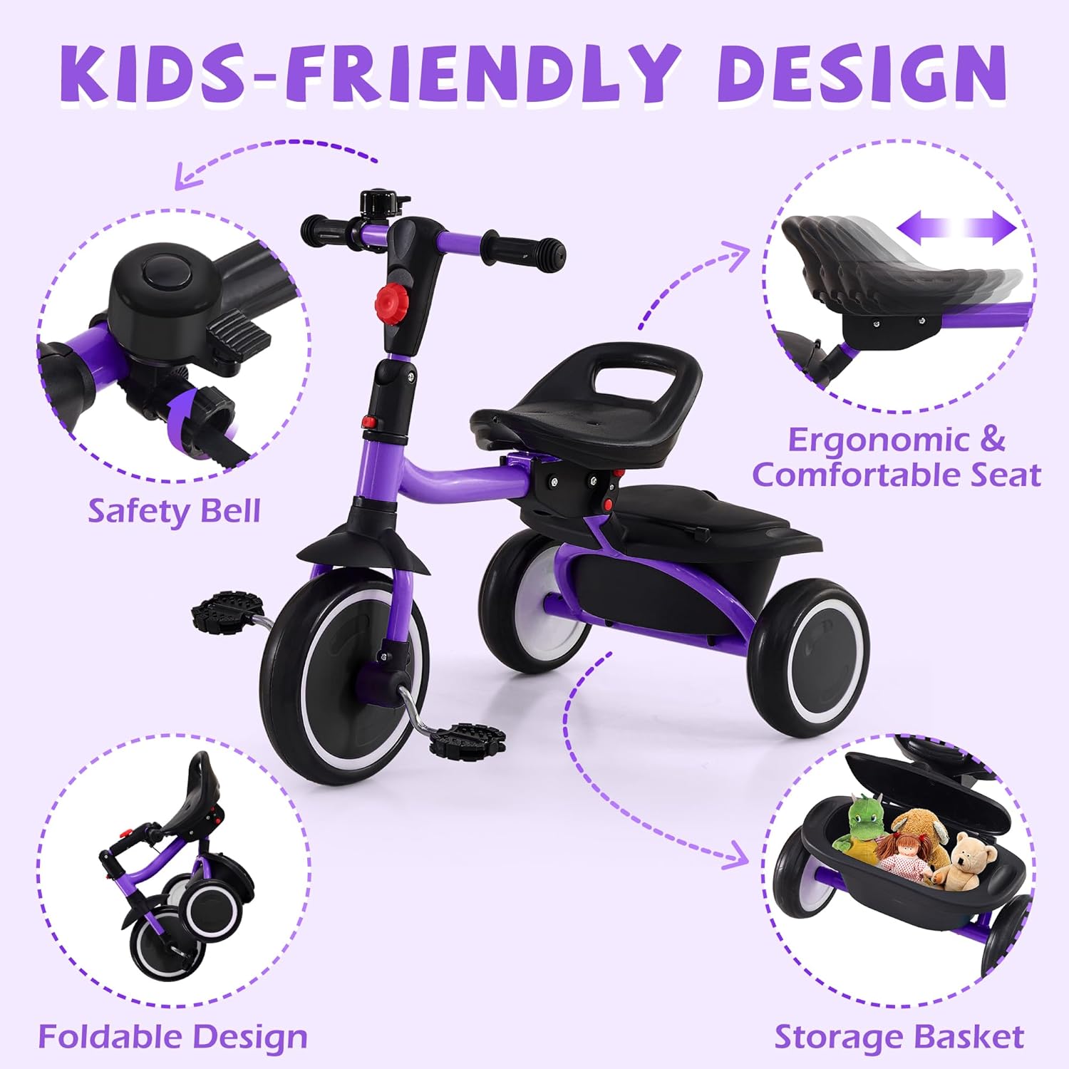Toddler Tricycle, Kids Tricycle with Bell, Foldable Kids Trike for Age 18 Months to 5 Years, Baby Trike with Adjustable Seat, Gift for Boys and Girls, Purple - Image 3