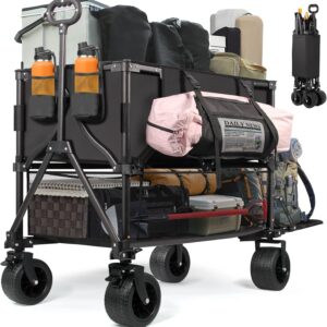 Double Decker Wagon Heavy Duty Collapsible, 600LBS 400L Capacity Foldable Utility Cart with Big Wheels for Beach, Outdoor, Camping & Gardening, Durable Steel Frame