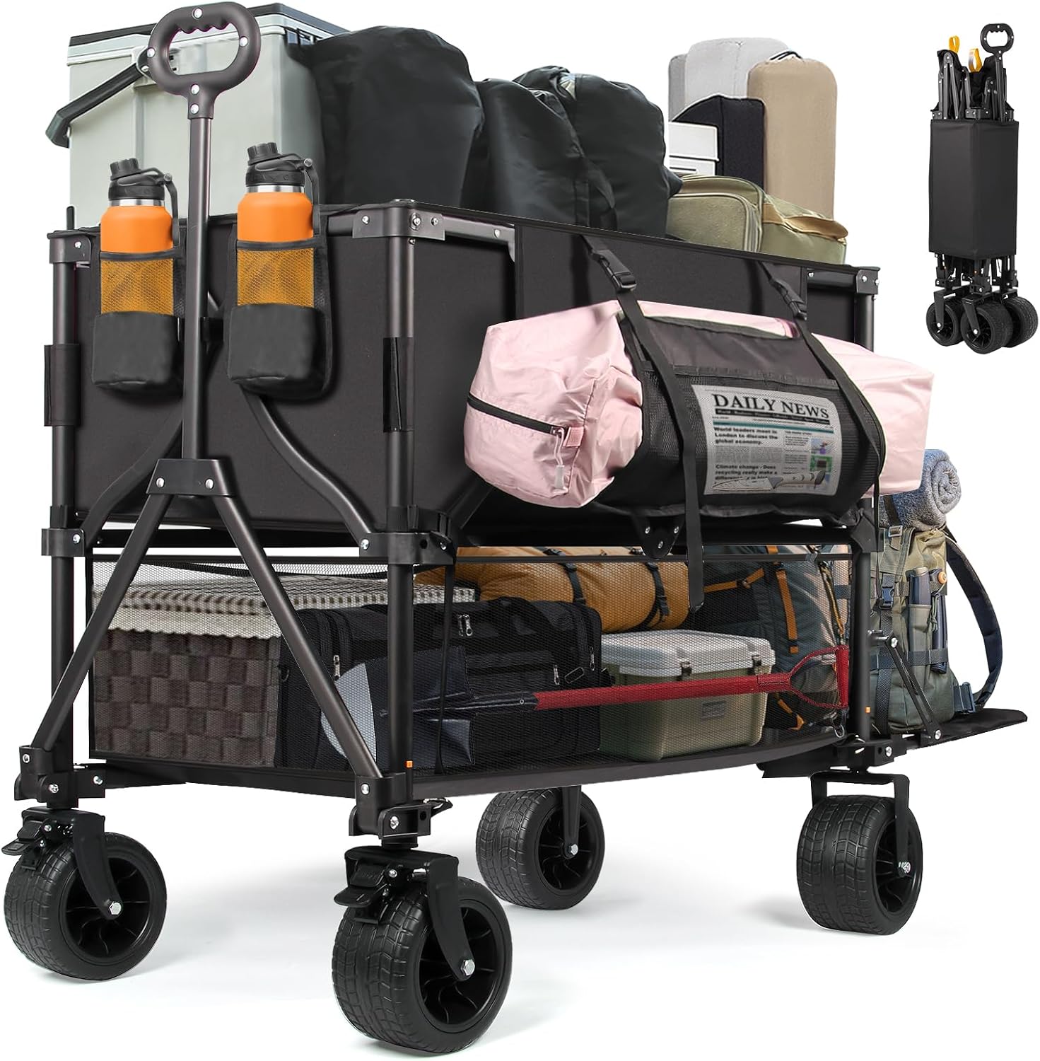 Double Decker Wagon Heavy Duty Collapsible, 600LBS 400L Capacity Foldable Utility Cart with Big Wheels for Beach, Outdoor, Camping & Gardening, Durable Steel Frame