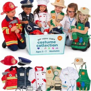 Born Toys 6-in-1 Toddler Dress Up Clothes for Boys & Girls Ages 3-7, Police, Firefighter, Doctor, Chef, Gardener & Explorer with Storage Box, Washable Pretend Play Costumes for Kids, Gift Ready Set