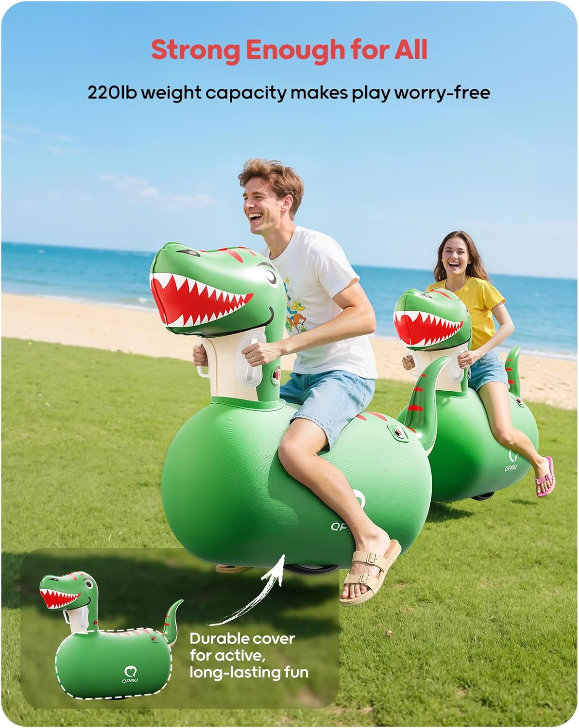 QPAU Inflatable Bouncy Dinosaur Toys 2 PCS with Hand Pump, Heavy Duty Giant Bouncy Pal, 220lbs Load Capacity, Ride On Bouncy Animal Hopper Toy, Indoor Outdoor Bouncers for Kids Girls Boys Ages 5+ - Image 4