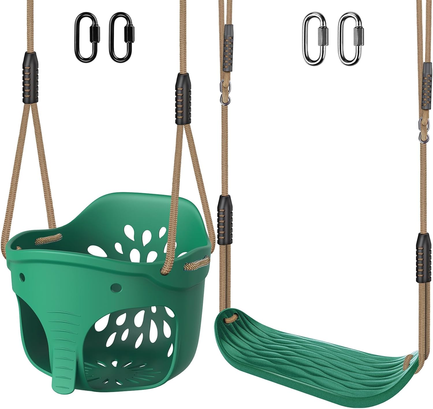 SELEWARE Green Toddler Swing Set - Heavy-Duty High Back Full Bucket Toddler Swing Seat & Kids Tree Swing with Adjustable Ropes, Backyard Playground Swing Set Accessories for Kids, Indoor/Outdoor Use