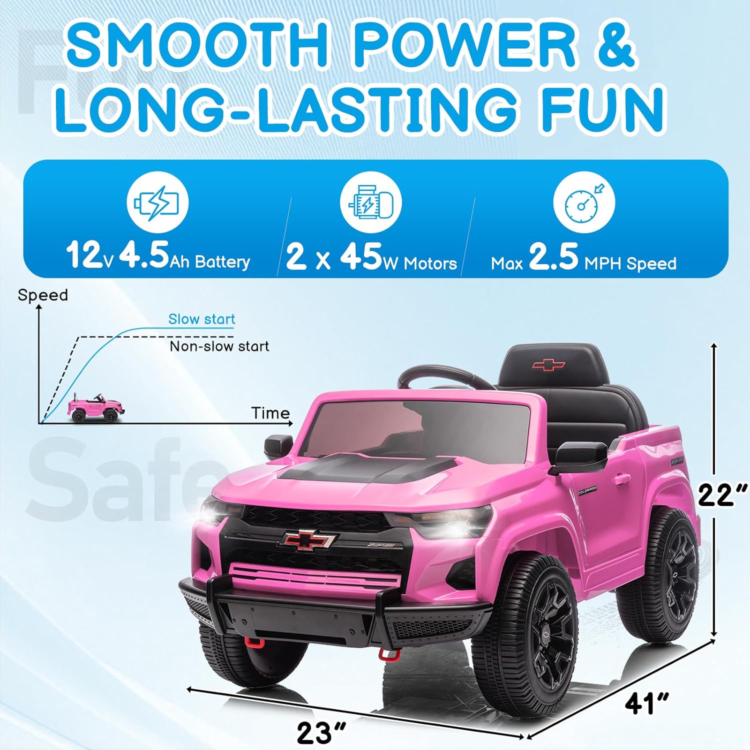Winado Licensed Chevrolet Colorado Electric Car for Kids, 12V Ride on Toys for Toddlers with Remote Control, Battery Powered Electric Car Ride On Vehicle w/Bluetooth, Soft Start, LED Lights - Pink - Image 5